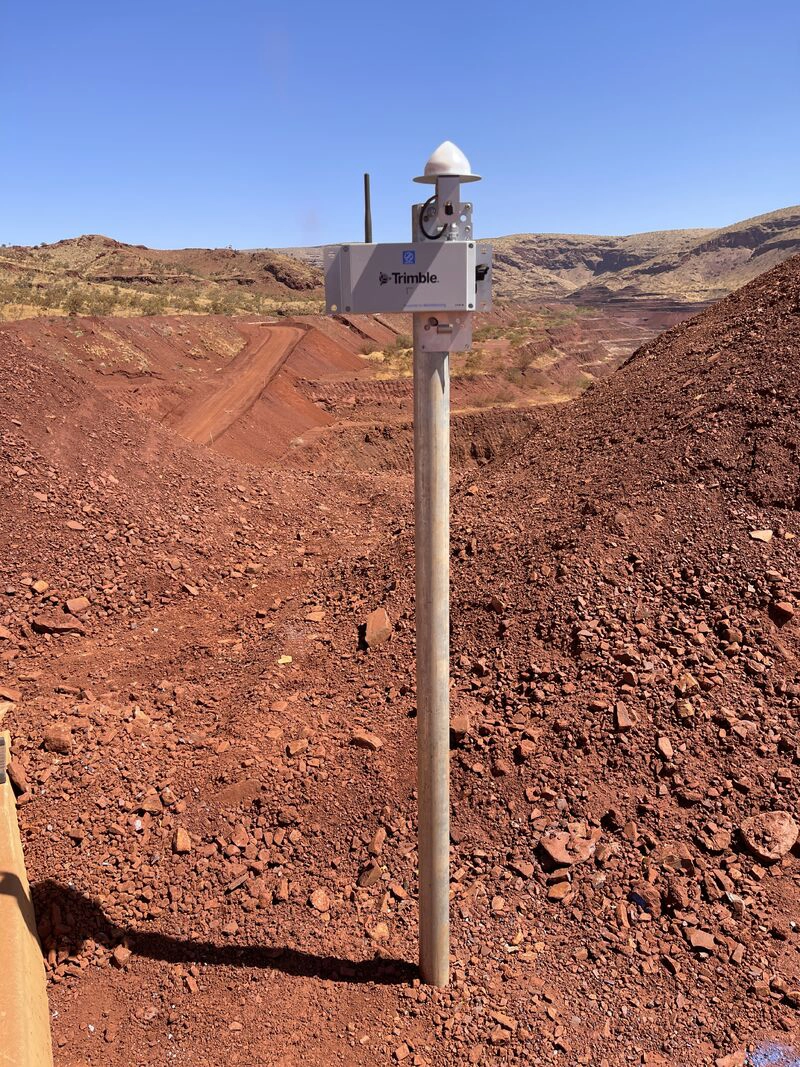 Trimble GNSS Meter installed on mine site pole in iron ore environment, Western Australia